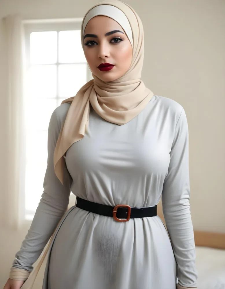 An Arab Woman 27 Years Old Black Lipstick Wearing A Beige Hijab And A Long Dress With A Red Belt In A Room With A Window 4 C5c2