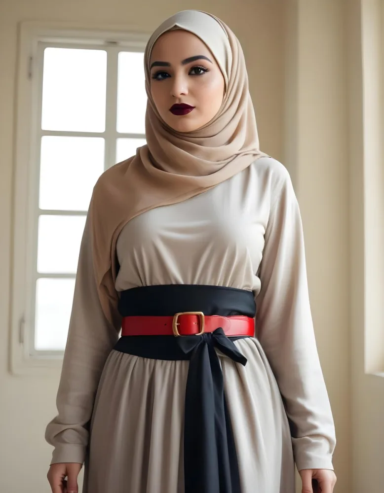 An Arab Woman 27 Years Old Black Lipstick Wearing A Beige Hijab And A Long Dress With A Red Belt In A Room With A Window 41 F5ed