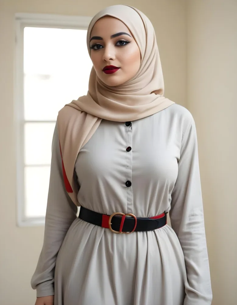 An Arab Woman 27 Years Old Black Lipstick Wearing A Beige Hijab And A Long Dress With A Red Belt In A Room With A Window 43 E211