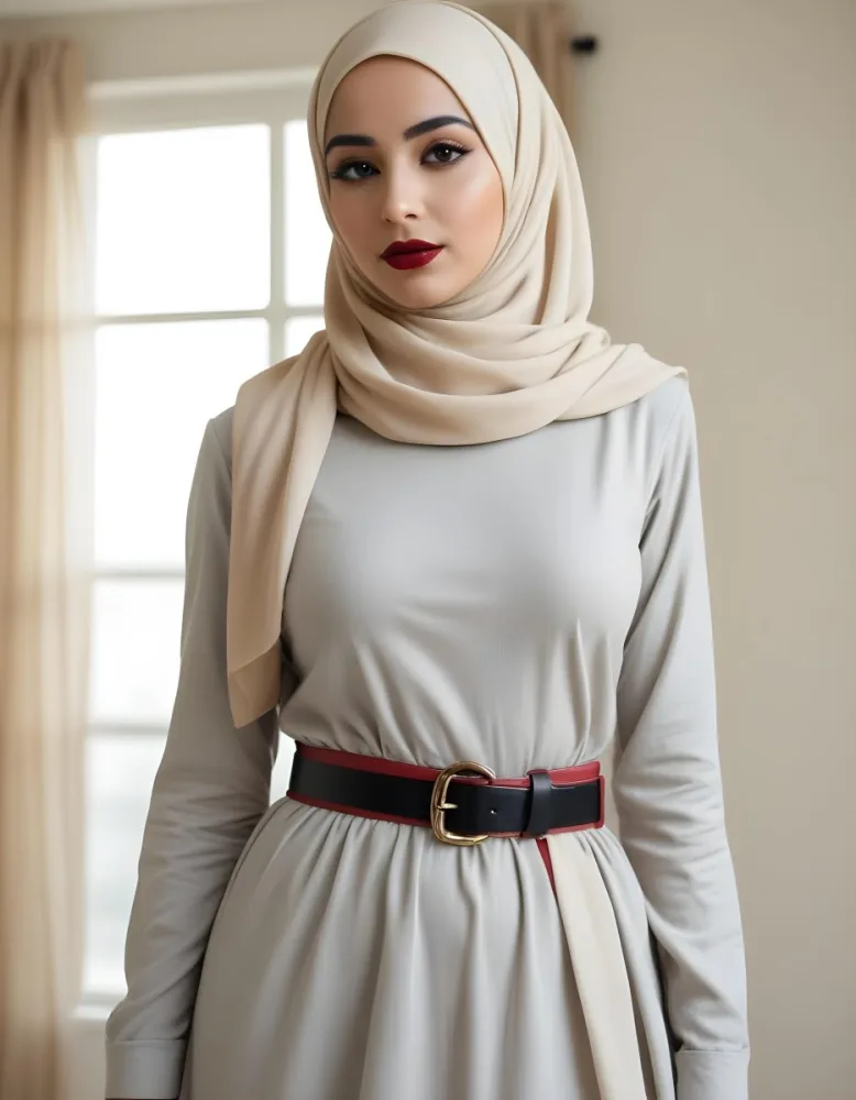 An Arab Woman 27 Years Old Black Lipstick Wearing A Beige Hijab And A Long Dress With A Red Belt In A Room With A Window 9 A272