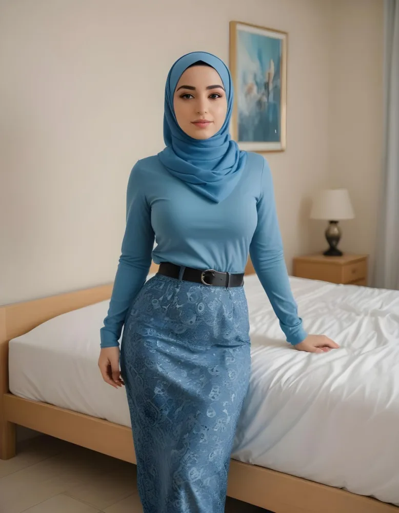 An Arab Woman 27 Years Old Light Skin Blue Hair Wearing A Blue Hijab Black Long Sleeve Shirt And A Black Skirt In A Bedroom 11 6891