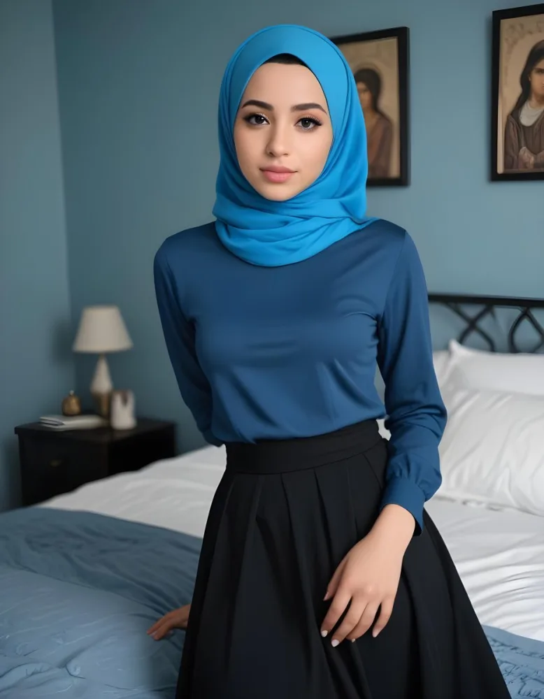 An Arab Woman 27 Years Old Light Skin Blue Hair Wearing A Blue Hijab Black Long Sleeve Shirt And A Black Skirt In A Bedroom 20 5aaf