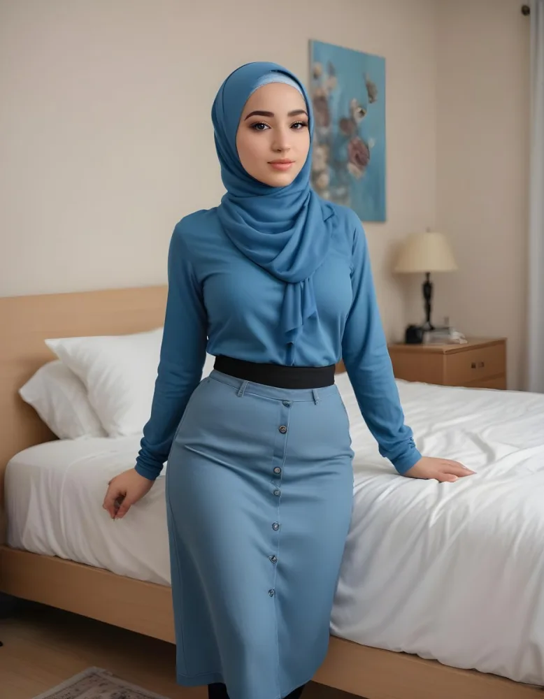 An Arab Woman 27 Years Old Light Skin Blue Hair Wearing A Blue Hijab Black Long Sleeve Shirt And A Black Skirt In A Bedroom 6 485a