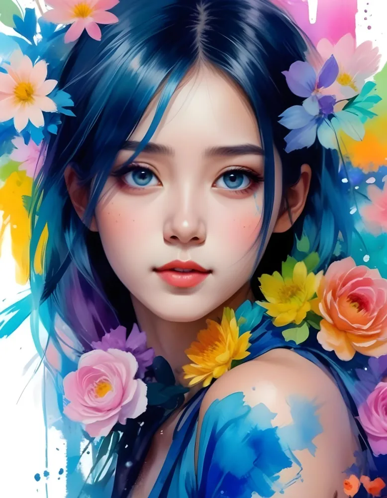 An Asian Girl 19 Years Old With White Hair And White Eyes Surrounded By Colorful Flowers Watercolor Style In A White Background 23 C90d