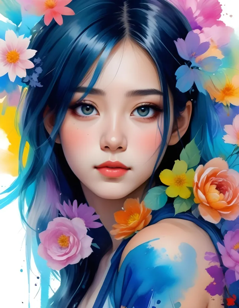 An Asian Girl 19 Years Old With White Hair And White Eyes Surrounded By Colorful Flowers Watercolor Style In A White Background 7 1284