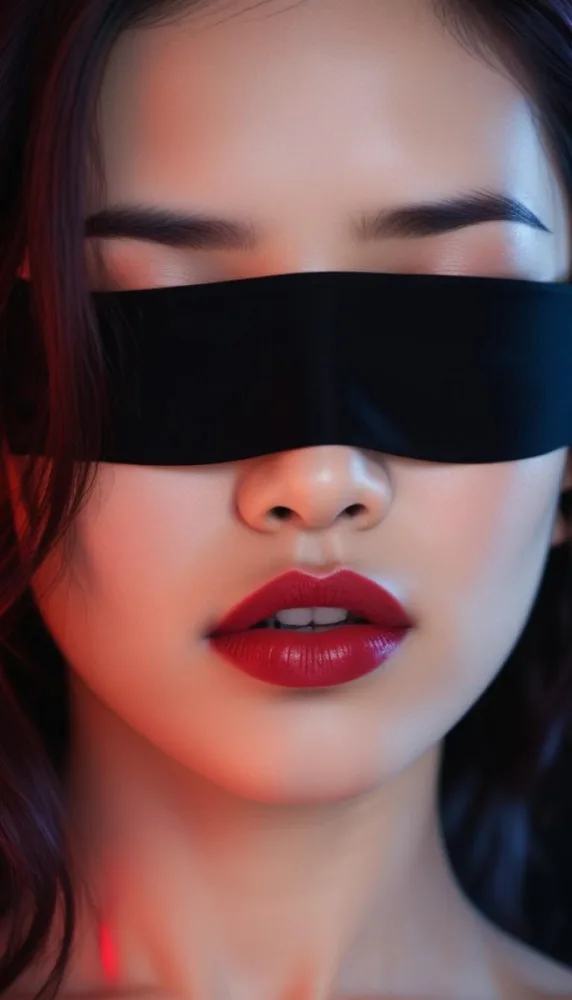 An Asian Girl 22 Years Old With A Red Blindfold Dark Skin Red Hair Black Lips In A Studio With Red Lights 1 C330