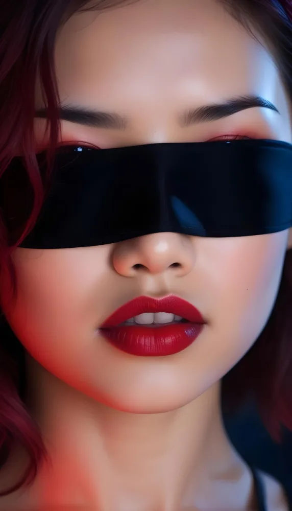 An Asian Girl 22 Years Old With A Red Blindfold Dark Skin Red Hair Black Lips In A Studio With Red Lights 14 949c