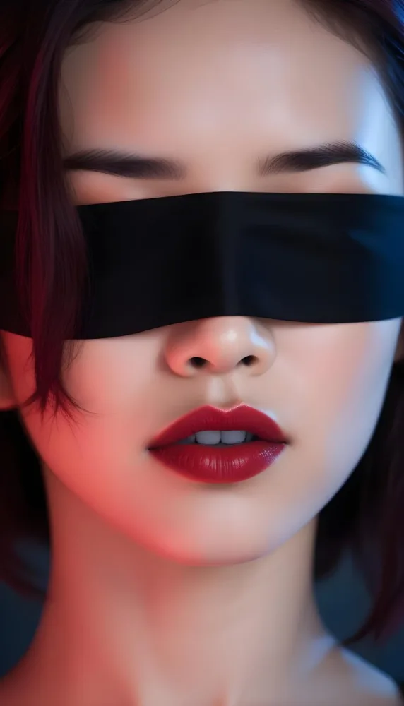 An Asian Girl 22 Years Old With A Red Blindfold Dark Skin Red Hair Black Lips In A Studio With Red Lights 5 61ab