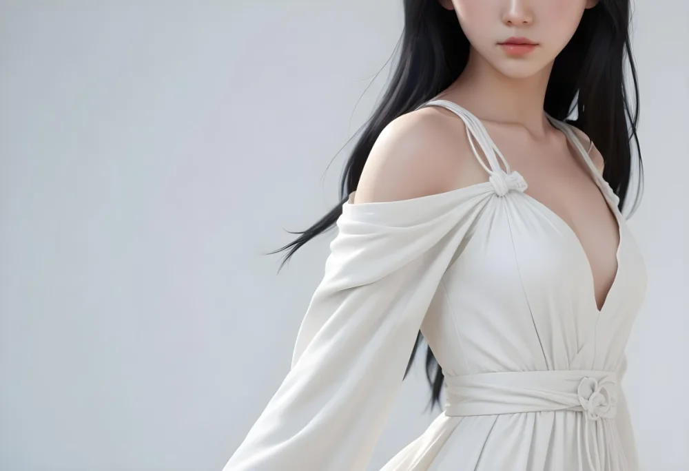 An Asian Girl White Skin 21 Years Old Long Black Hair Wearing A White Dress Studio Background 2