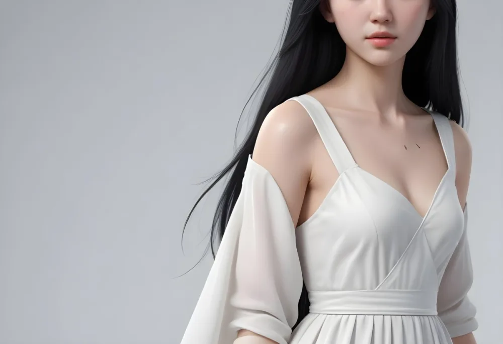 An Asian Girl White Skin 21 Years Old Long Black Hair Wearing A White Dress Studio Background 6 Af92