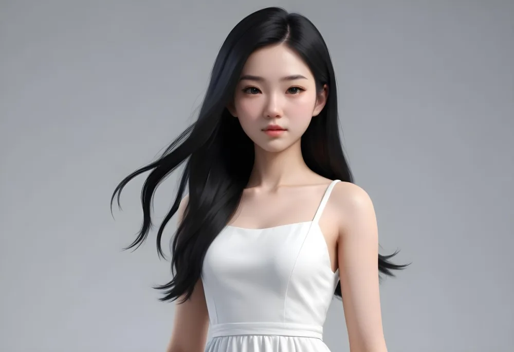 An Asian Girl White Skin 21 Years Old Long Black Hair Wearing A White Dress Studio Background 7 2a5d