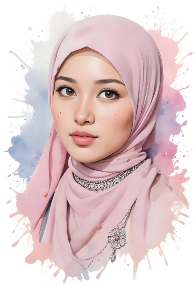 An Asian Girl With Light Skin And Brown Hair 19 Years Old Wearing A Pink Hijab With Jewelry Watercolor Splash Background 16 F969