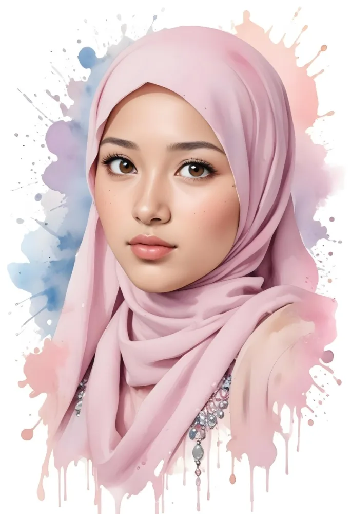 An Asian Girl With Light Skin And Brown Hair 19 Years Old Wearing A Pink Hijab With Jewelry Watercolor Splash Background 20 93b2