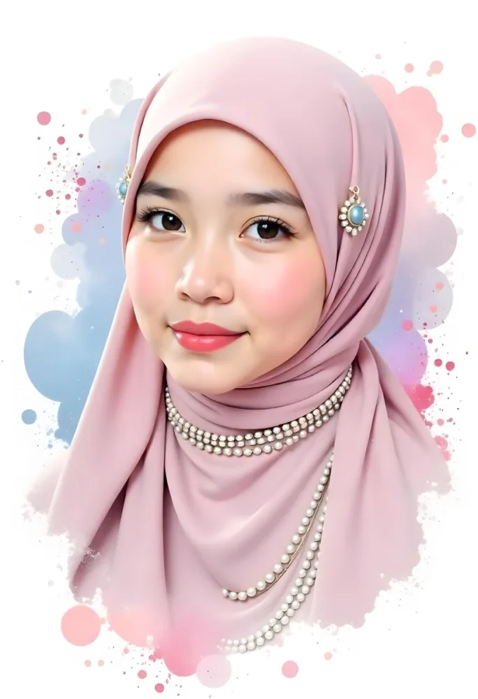 An Asian Girl With Light Skin And Brown Hair 19 Years Old Wearing A Pink Hijab With Jewelry Watercolor Splash Background 25 B9a0