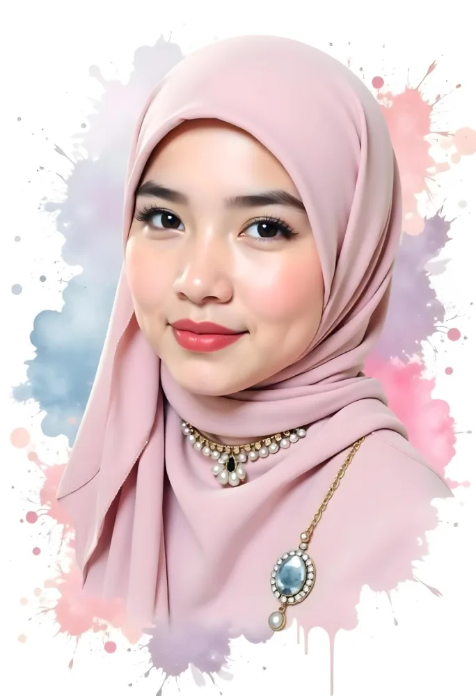 An Asian Girl With Light Skin And Brown Hair 19 Years Old Wearing A Pink Hijab With Jewelry Watercolor Splash Background 27 705e