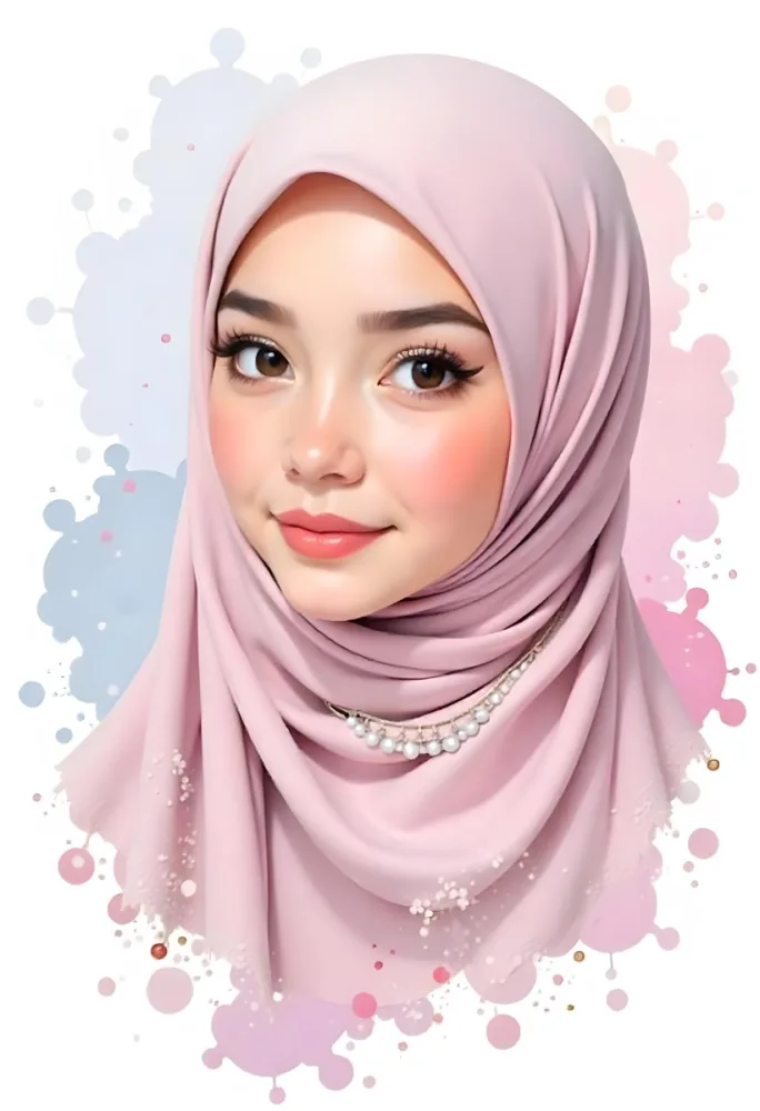 An Asian Girl With Light Skin And Brown Hair 19 Years Old Wearing A Pink Hijab With Jewelry Watercolor Splash Background 33 E269