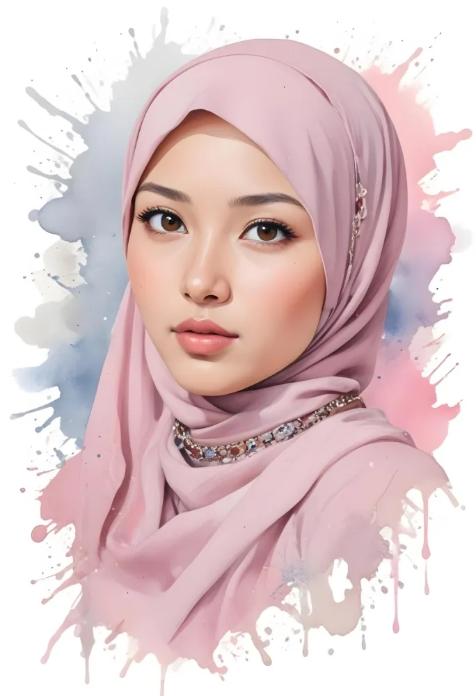 An Asian Girl With Light Skin And Brown Hair 19 Years Old Wearing A Pink Hijab With Jewelry Watercolor Splash Background 4 9f87