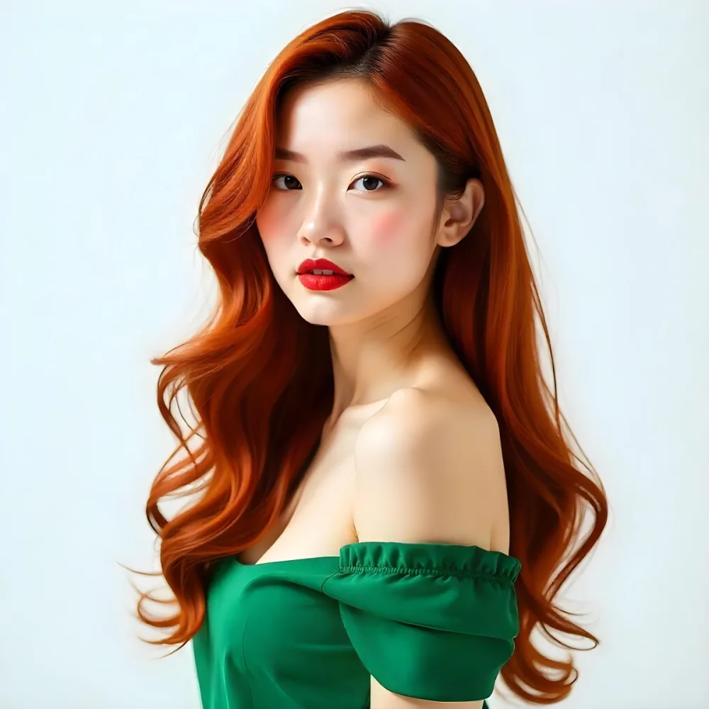 An Asian Woman 22 Years Old With Long Wavy Red Hair Red Lips Wearing A Green Dress In A White Background 11 8ef6