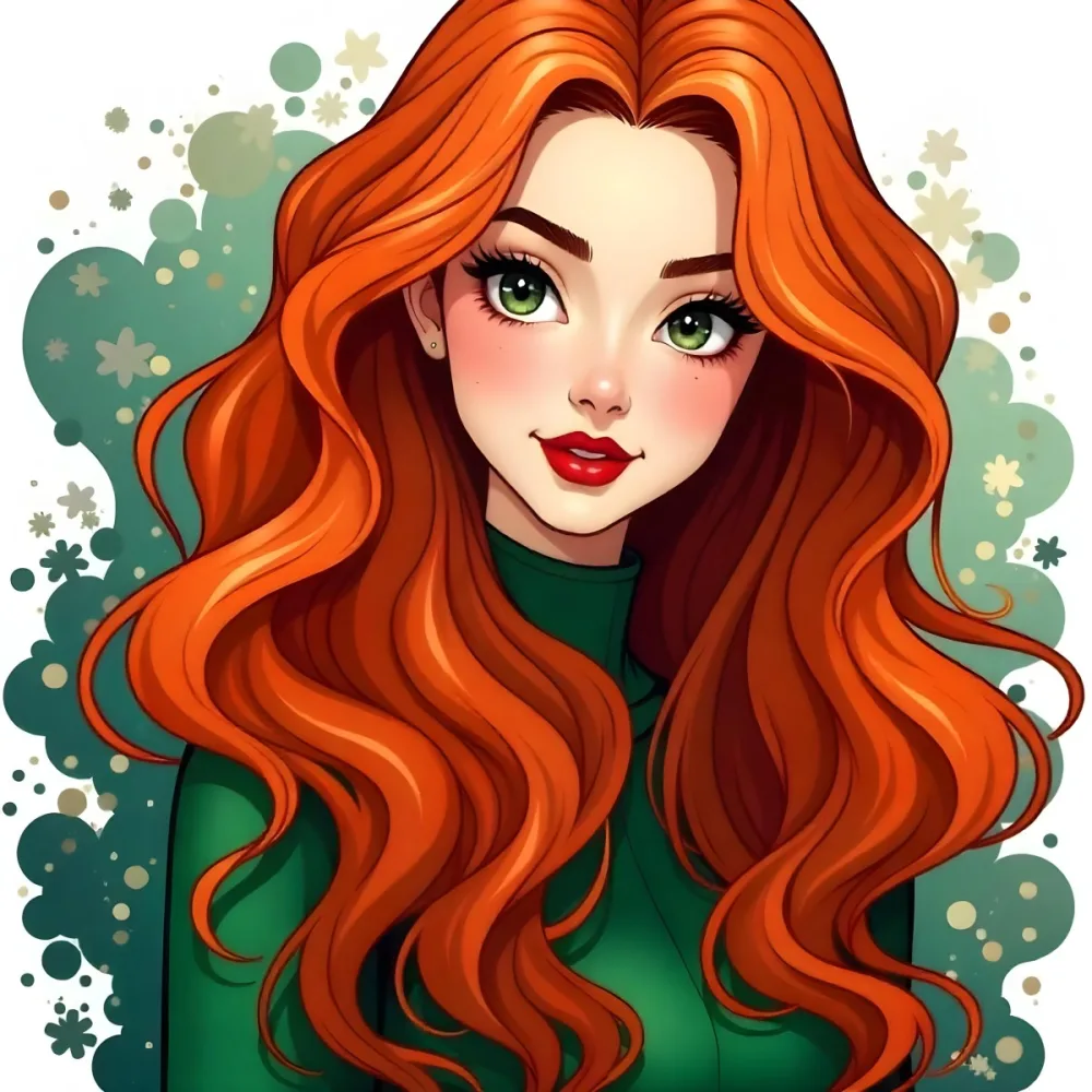 An Asian Woman 22 Years Old With Long Wavy Red Hair Red Lips Wearing A Green Dress In A White Background 17 E602