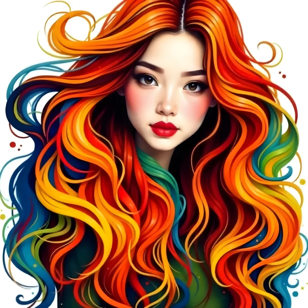 An Asian Woman 22 Years Old With Long Wavy Red Hair Red Lips Wearing A Green Dress In A White Background 18 463c