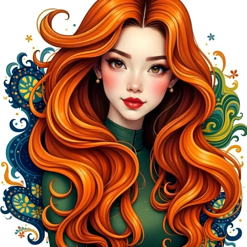 An Asian Woman 22 Years Old With Long Wavy Red Hair Red Lips Wearing A Green Dress In A White Background 2 3689