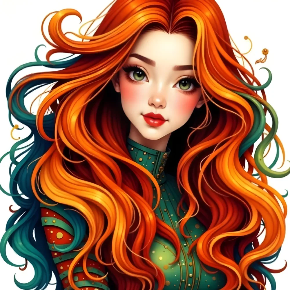 An Asian Woman 22 Years Old With Long Wavy Red Hair Red Lips Wearing A Green Dress In A White Background 3 C1fe