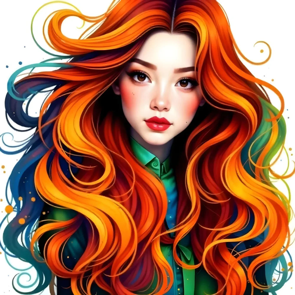 An Asian Woman 22 Years Old With Long Wavy Red Hair Red Lips Wearing A Green Dress In A White Background 4 589d
