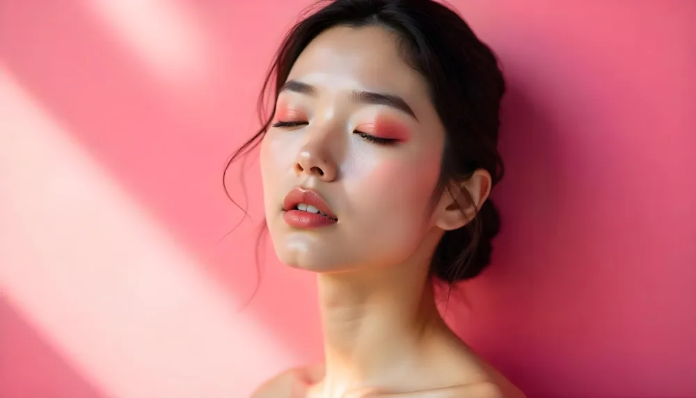 An Asian Woman 23 Years Old Light Skin Pink Eyeshadow Pink Lipstick Closed Eyes In A Pink Background With Light Rays 11 755f