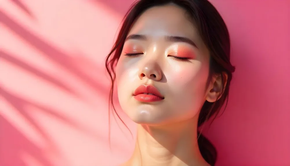 An Asian Woman 23 Years Old Light Skin Pink Eyeshadow Pink Lipstick Closed Eyes In A Pink Background With Light Rays 16 19b9