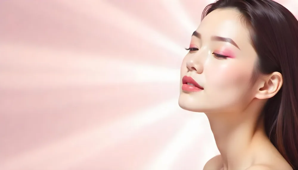 An Asian Woman 23 Years Old Light Skin Pink Eyeshadow Pink Lipstick Closed Eyes In A Pink Background With Light Rays 17 D704
