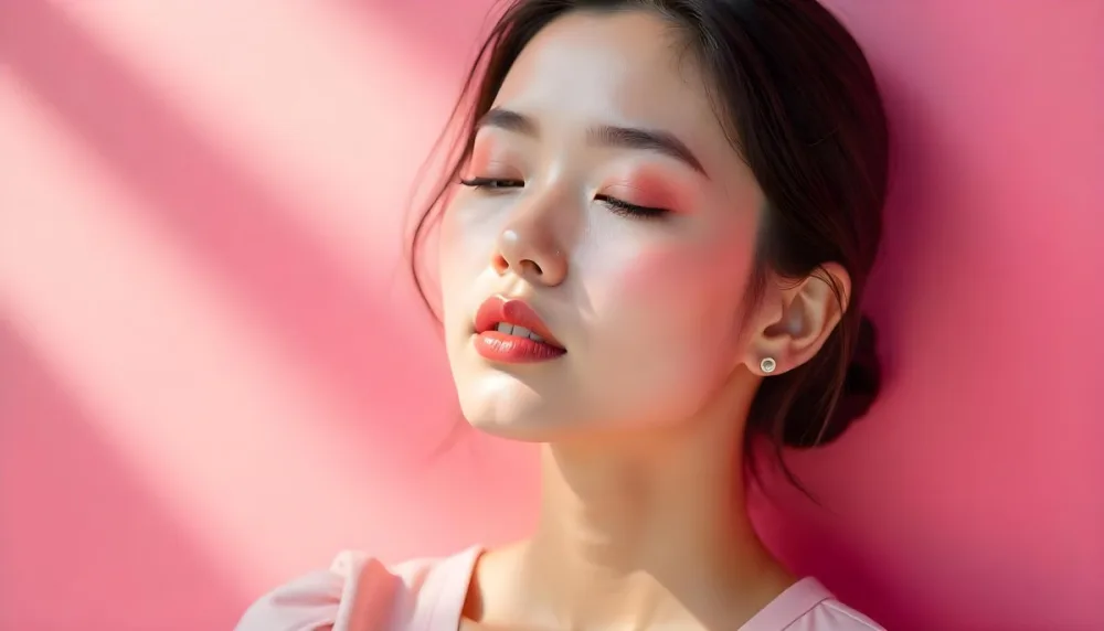 An Asian Woman 23 Years Old Light Skin Pink Eyeshadow Pink Lipstick Closed Eyes In A Pink Background With Light Rays 22 6d24