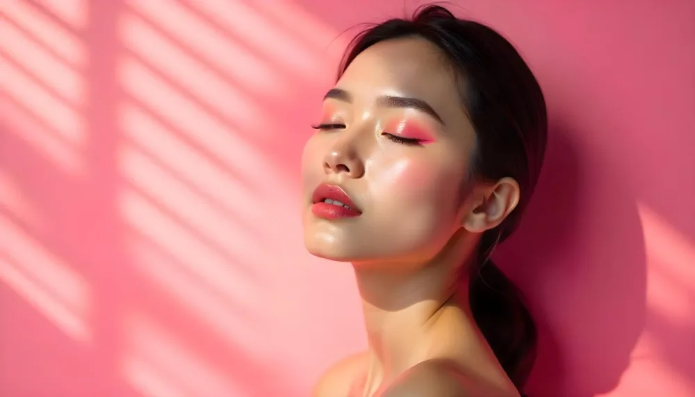An Asian Woman 23 Years Old Light Skin Pink Eyeshadow Pink Lipstick Closed Eyes In A Pink Background With Light Rays 29 9374