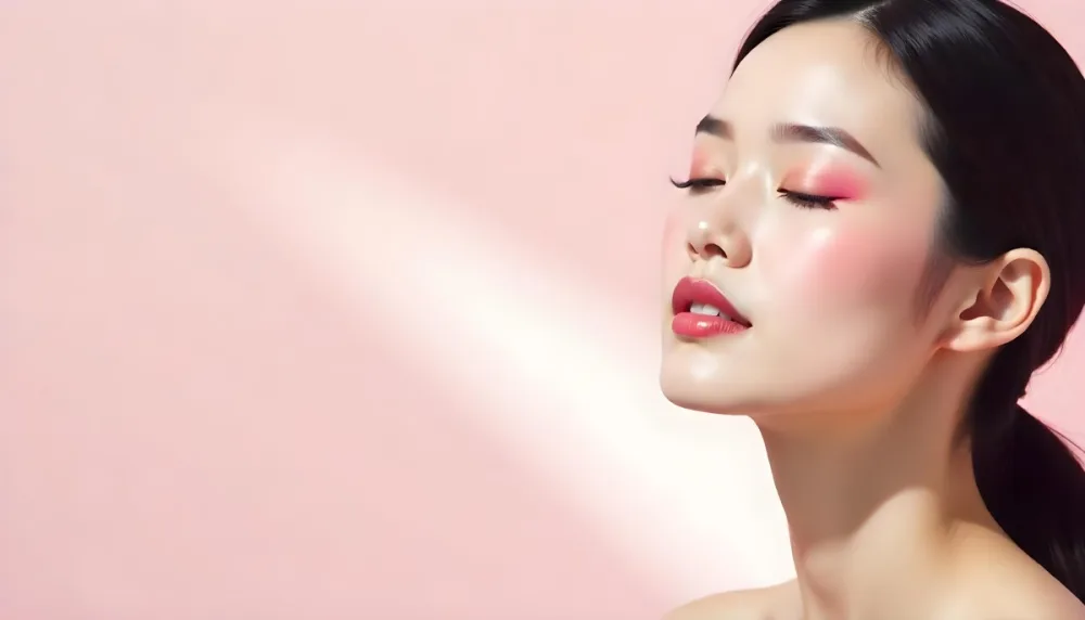 An Asian Woman 23 Years Old Light Skin Pink Eyeshadow Pink Lipstick Closed Eyes In A Pink Background With Light Rays 4 0190