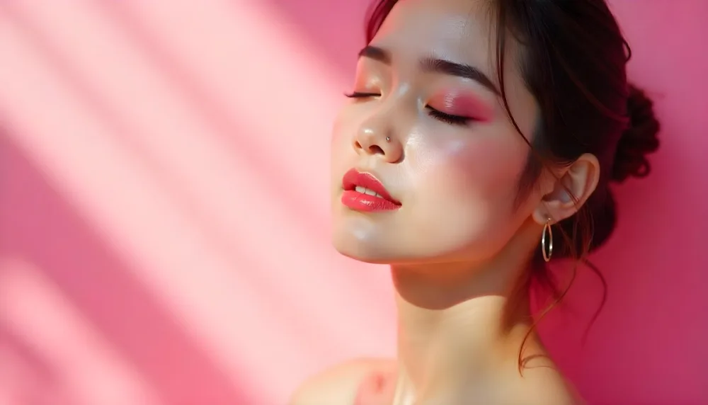 An Asian Woman 23 Years Old Light Skin Pink Eyeshadow Pink Lipstick Closed Eyes In A Pink Background With Light Rays 6 6439