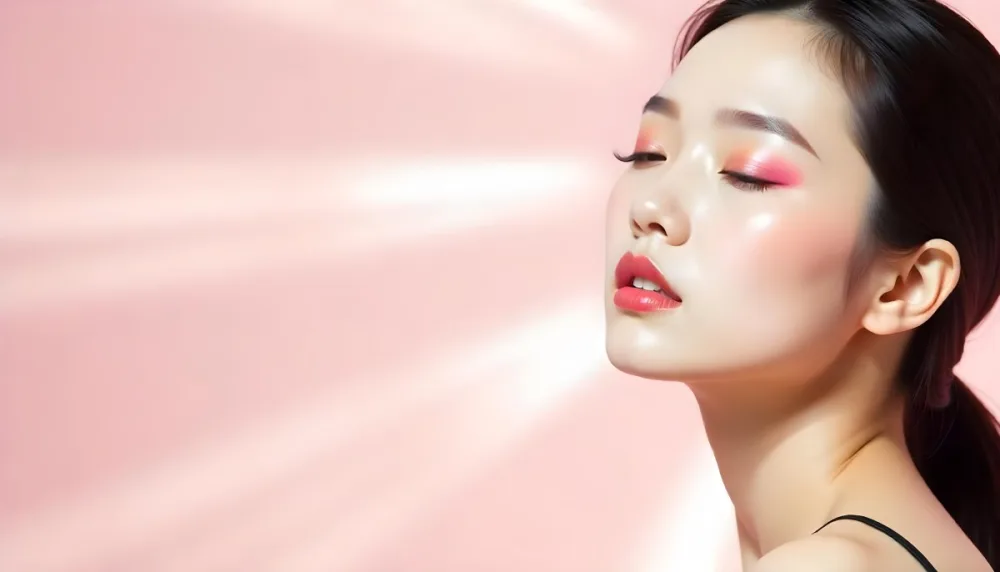 An Asian Woman 23 Years Old Light Skin Pink Eyeshadow Pink Lipstick Closed Eyes In A Pink Background With Light Rays 9 Ce09