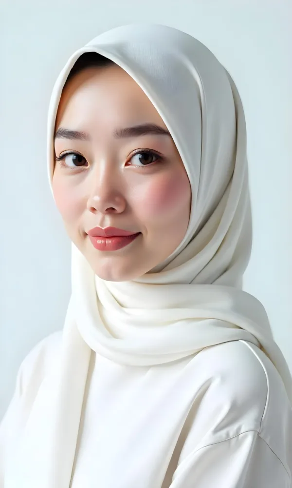 An Asian Woman 23 Years Old Light Skin Wearing A White Hijab Pink Lipstick In A White Background 14 1f74