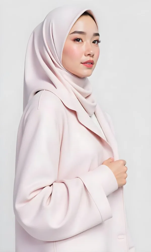 An Asian Woman 23 Years Old Light Skin Wearing A White Hijab Pink Lipstick In A White Background 23 E0e3