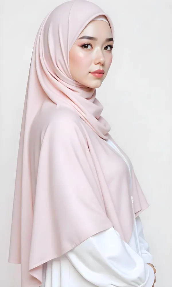 An Asian Woman 23 Years Old Light Skin Wearing A White Hijab Pink Lipstick In A White Background 26 582c