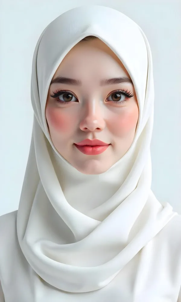 An Asian Woman 23 Years Old Light Skin Wearing A White Hijab Pink Lipstick In A White Background 3 8d19