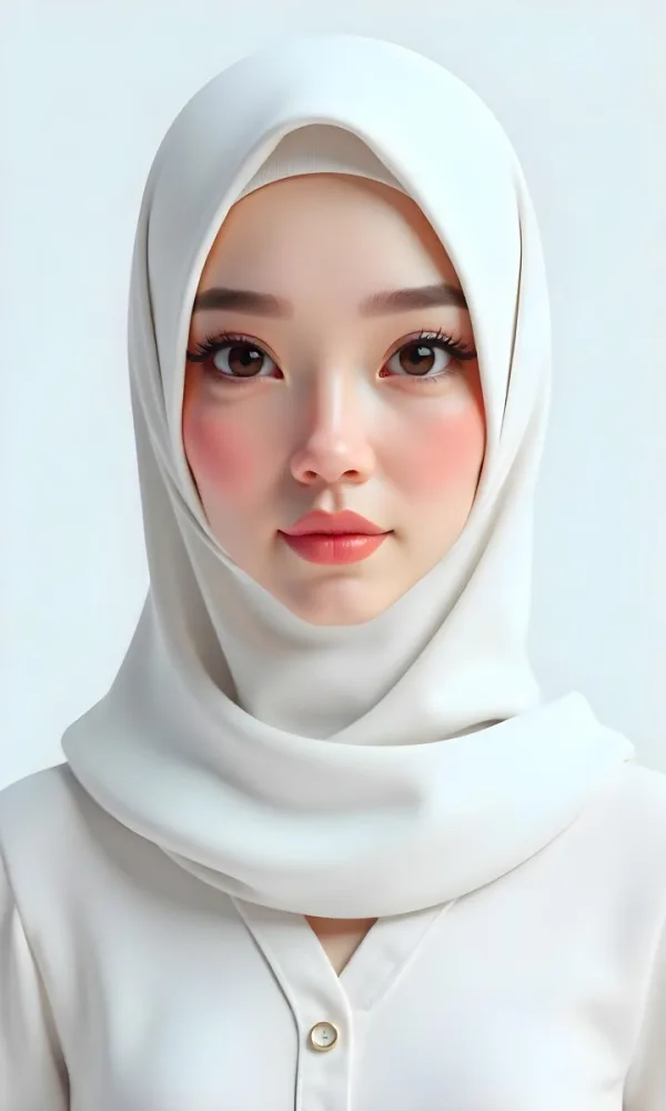 An Asian Woman 23 Years Old Light Skin Wearing A White Hijab Pink Lipstick In A White Background 5 13fc