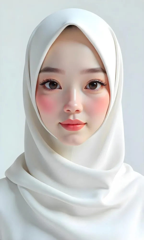 An Asian Woman 23 Years Old Light Skin Wearing A White Hijab Pink Lipstick In A White Background 9 Ca6b
