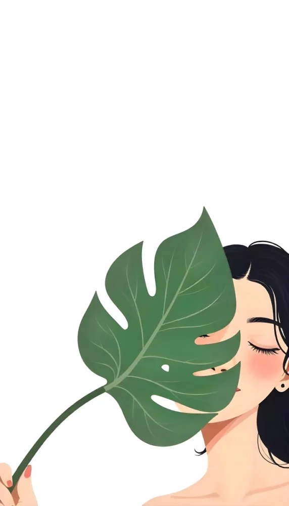 An Asian Woman 23 Years Old With Black Hair Holding A Green Leaf In Front Of Her Face Eyes Closed Black Background 26 065a
