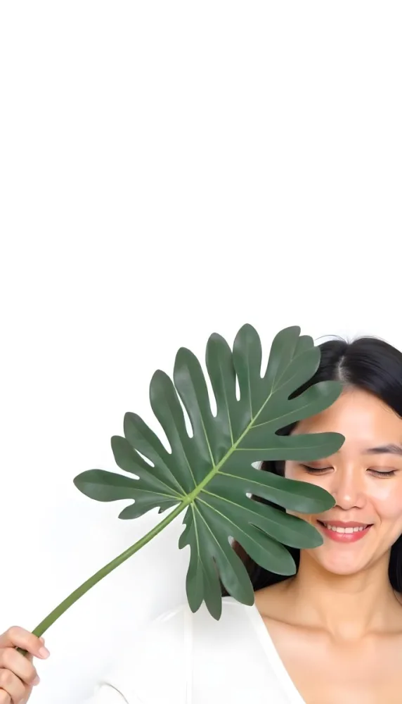 An Asian Woman 23 Years Old With Black Hair Holding A Green Leaf In Front Of Her Face Eyes Closed Black Background 29 7c04