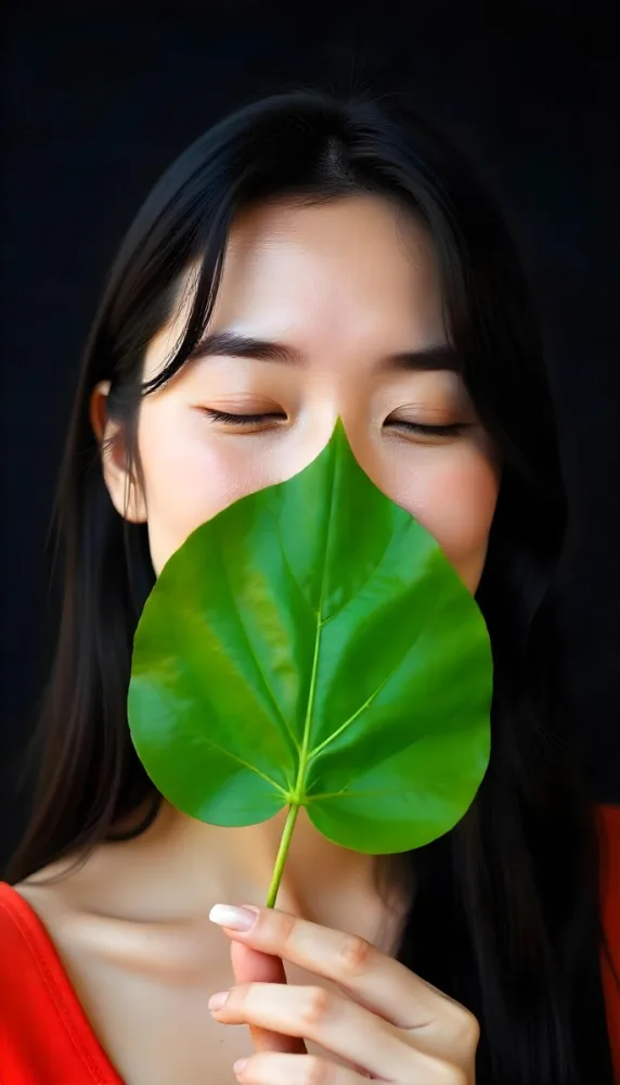 An Asian Woman 23 Years Old With Black Hair Holding A Green Leaf In Front Of Her Face Eyes Closed Black Background 3 C23a