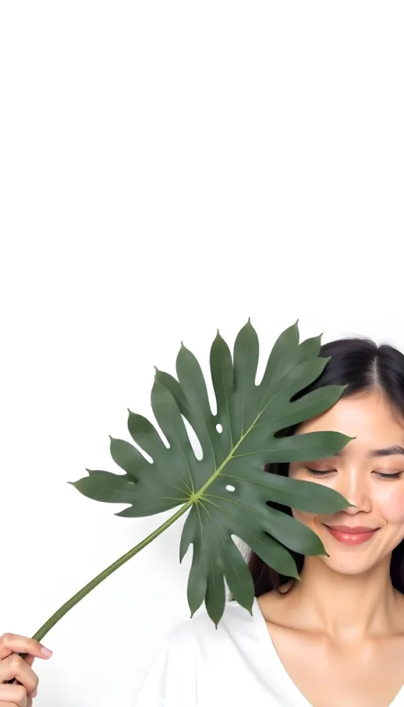 An Asian Woman 23 Years Old With Black Hair Holding A Green Leaf In Front Of Her Face Eyes Closed Black Background 37 8c68