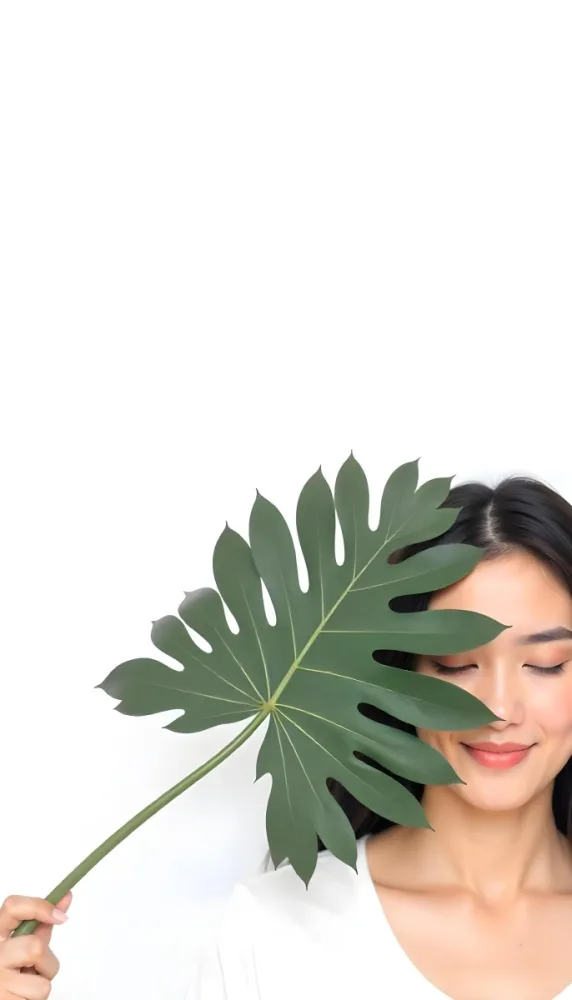 An Asian Woman 23 Years Old With Black Hair Holding A Green Leaf In Front Of Her Face Eyes Closed Black Background 38 E3b8