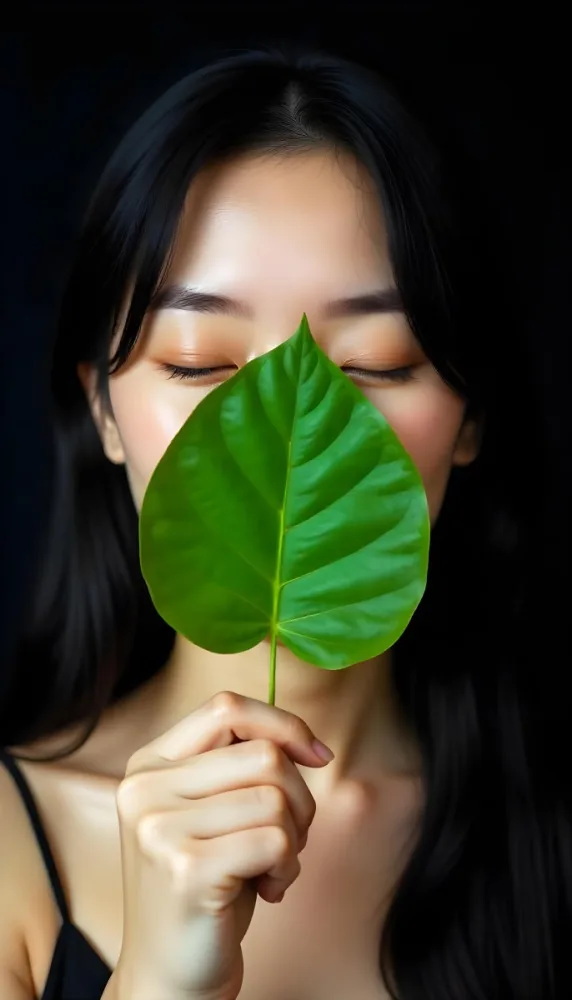 An Asian Woman 23 Years Old With Black Hair Holding A Green Leaf In Front Of Her Face Eyes Closed Black Background 53 8fe8