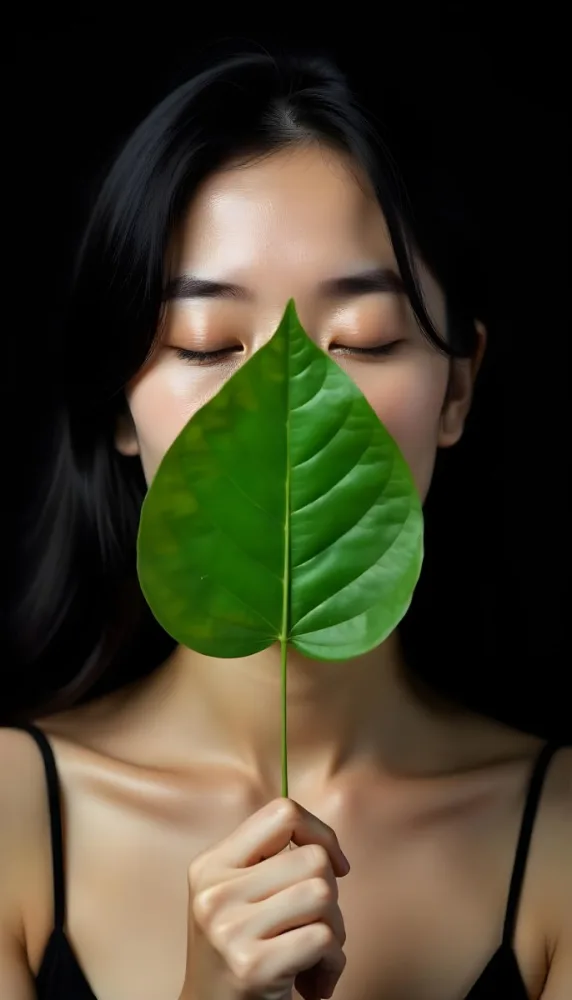 An Asian Woman 23 Years Old With Black Hair Holding A Green Leaf In Front Of Her Face Eyes Closed Black Background 58 8c25