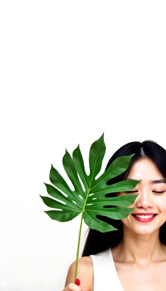 An Asian Woman 23 Years Old With Black Hair Holding A Green Leaf In Front Of Her Face Eyes Closed Black Background 6 893c