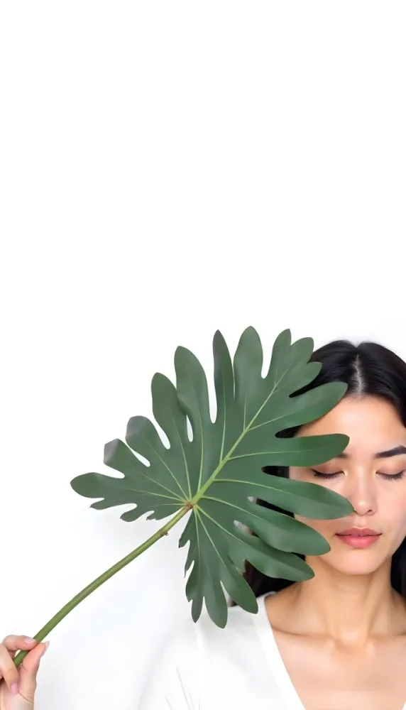 An Asian Woman 23 Years Old With Black Hair Holding A Green Leaf In Front Of Her Face Eyes Closed Black Background 73 4170
